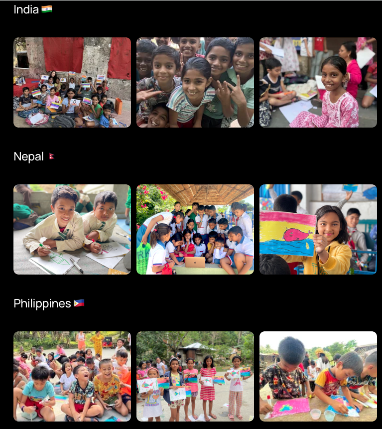 Collage of students in India, Nepal, and the Philippines participating in art coaching sessions